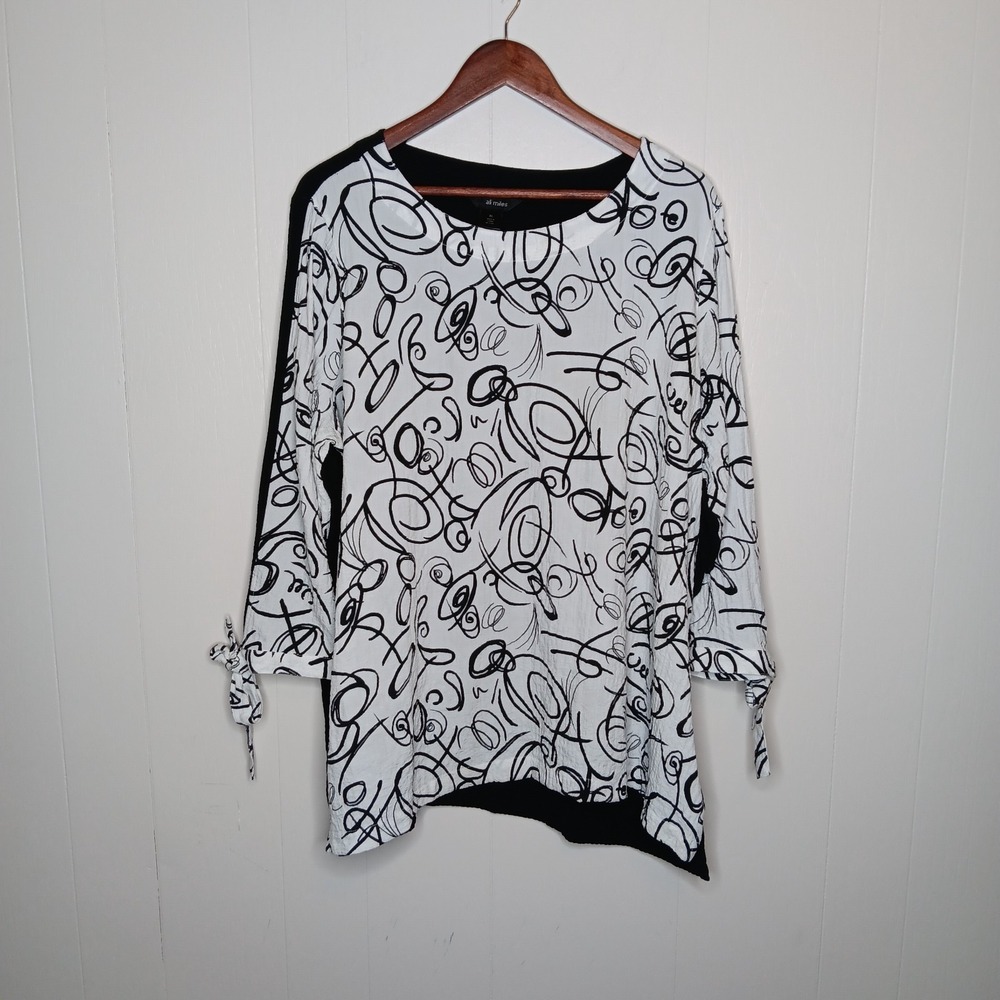 Ali Miles Blouse Womens Sz XL White Black Geometric Swirl Artsy Gauze 3/4 Sleeve